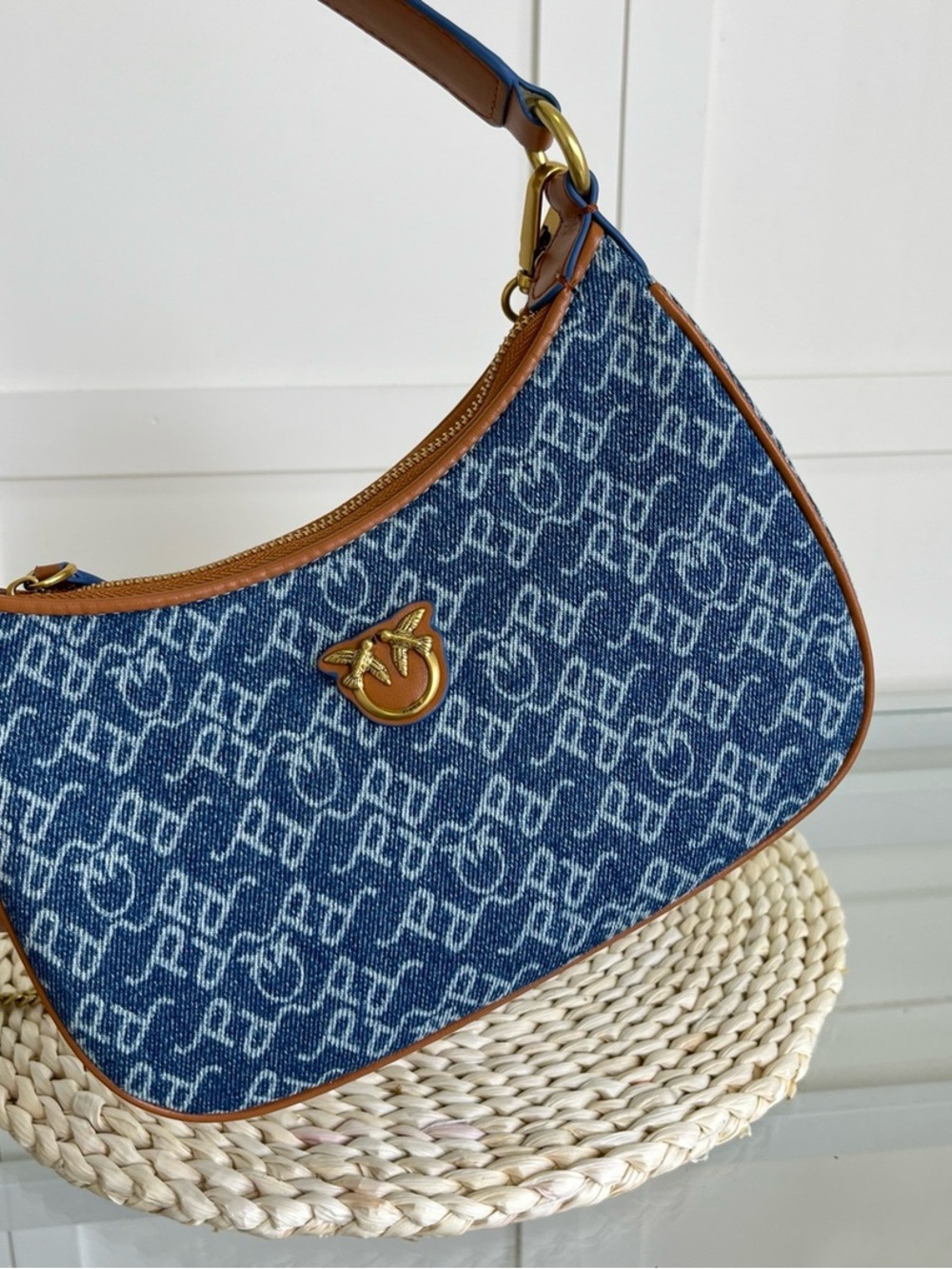 Pinko Blue Denim Logo Shoulder Bag with Brown Trim - Picture 2 of 9